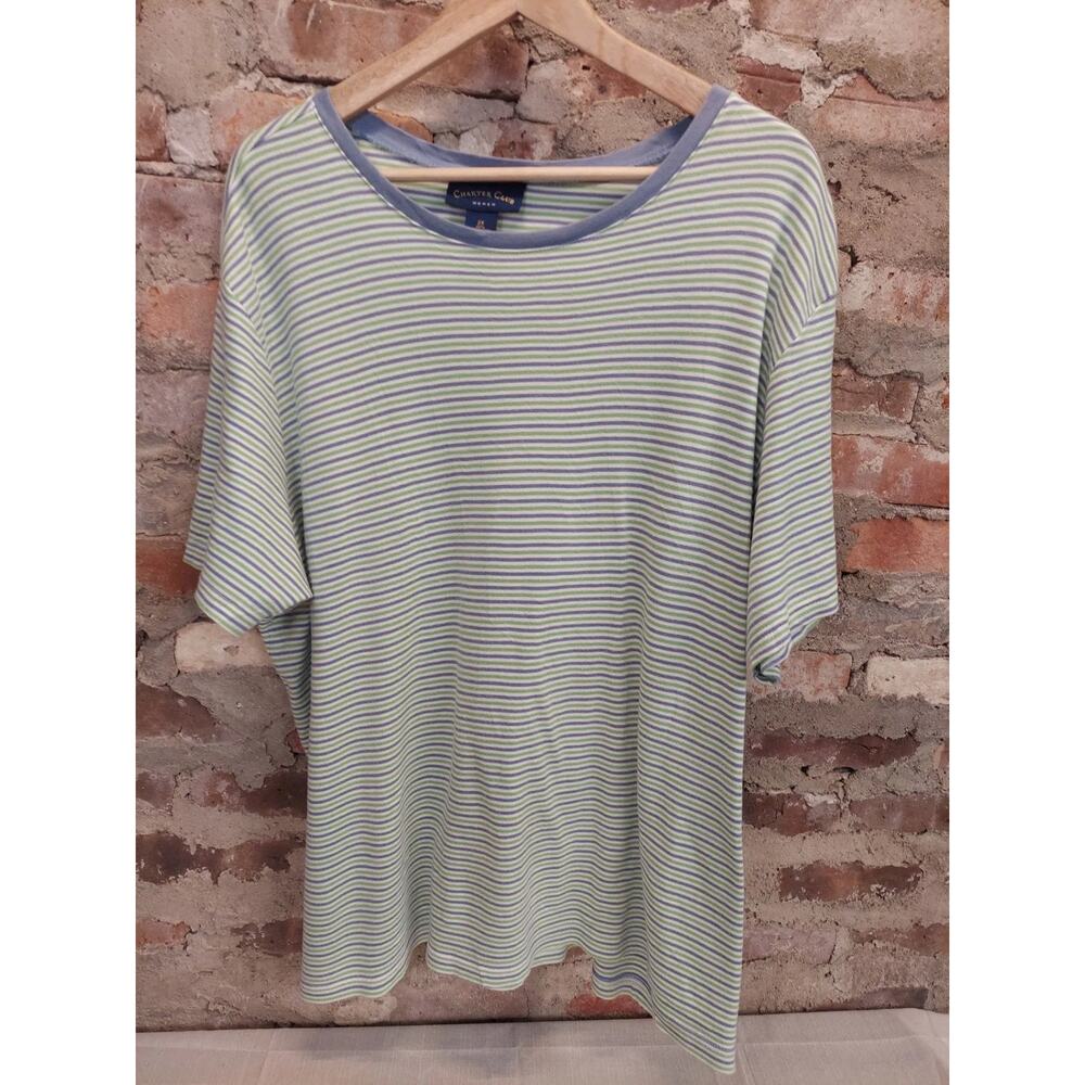 Charter Club Womens T-Shirt 2X Blue Green Striped Pima Cotton Short Sleeve